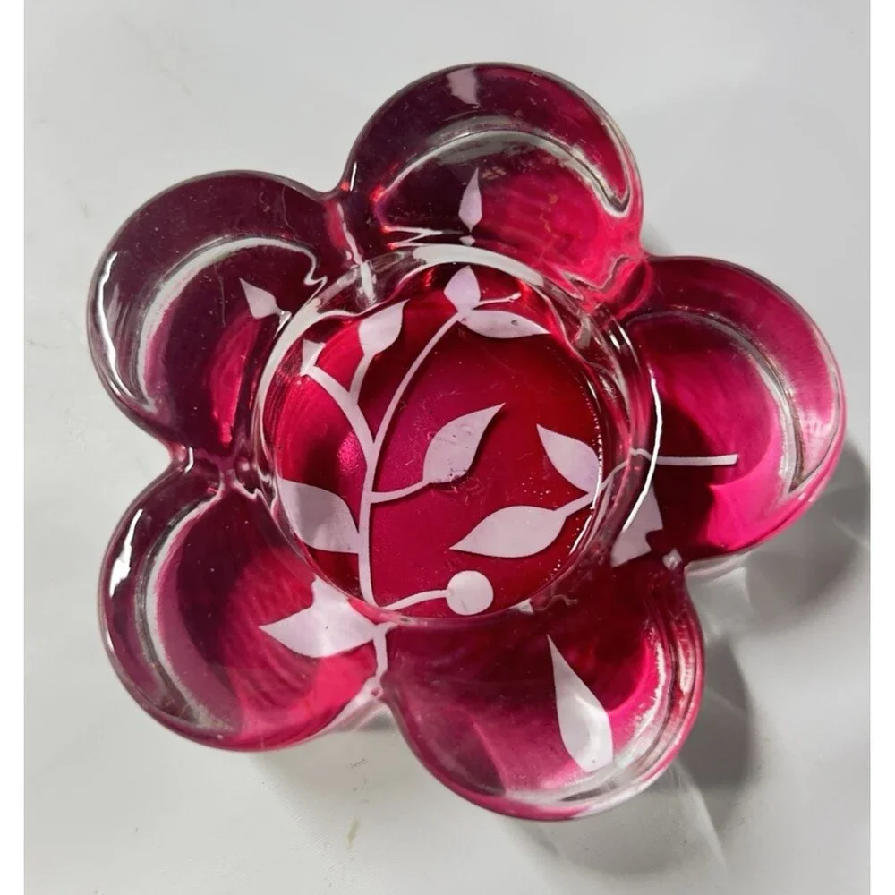 Y2K Vintage Iridescent Red Flower Design Glass Candle Holder Paper Weight 3”x1”h